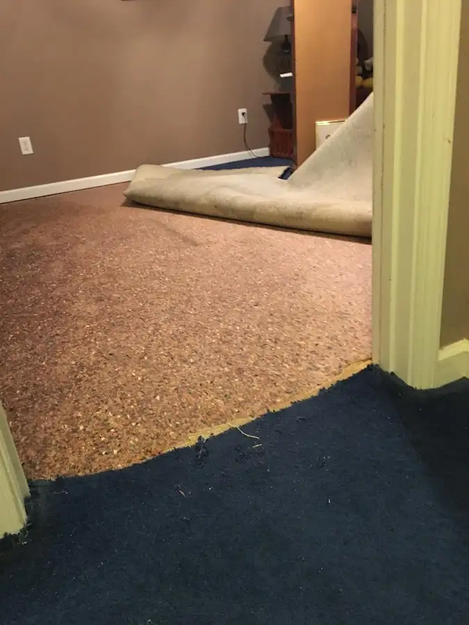 Carpet pad removal revealing water damage during Water Mitigation Services in Oak Island